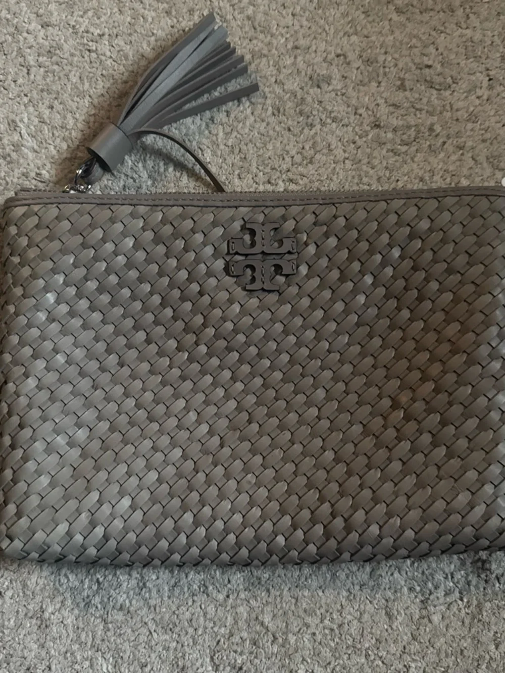 Tory Burch Woven Leather Tassel Clutch in Gray